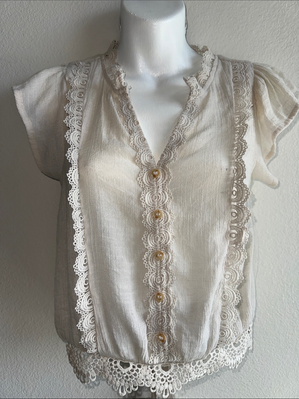 mine Cream Lace-Trim V-Neck Button Blouse